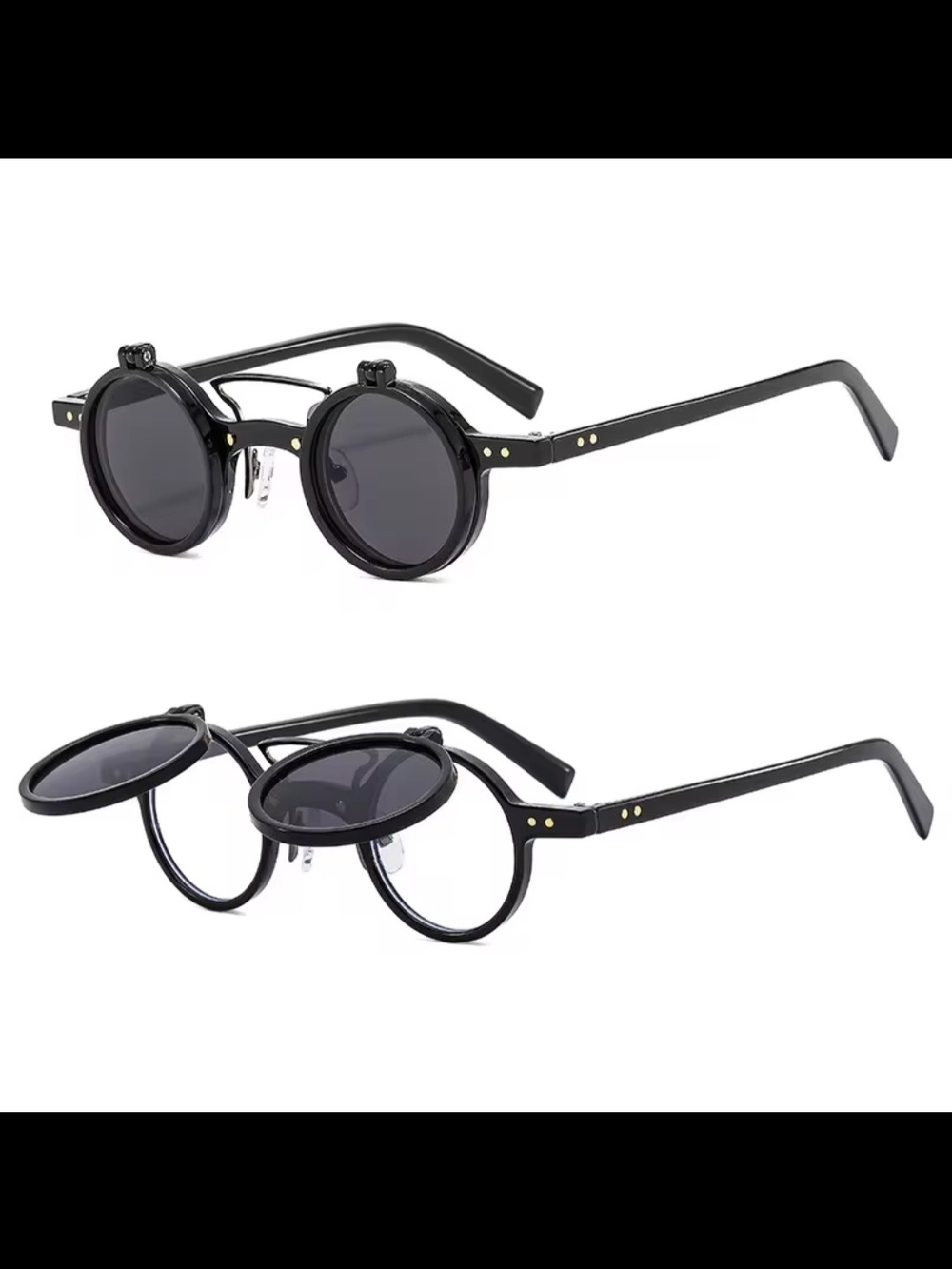 Men's Black Flip-Up Round Sunglasses